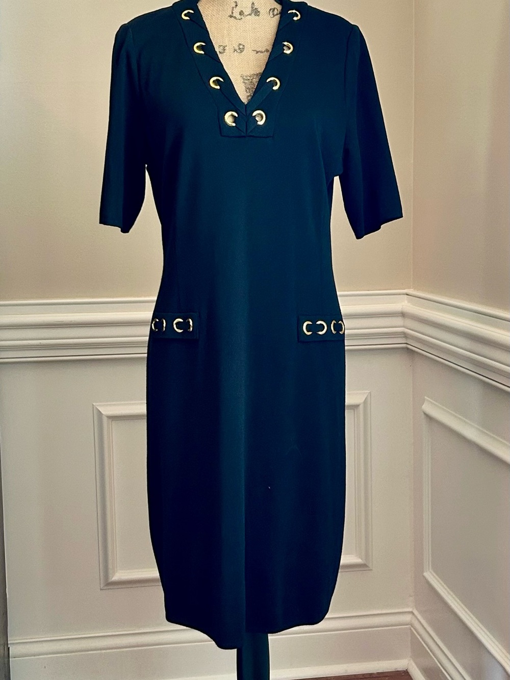 Ming Wang Black Midi Dress with Gold Eyelet Trim